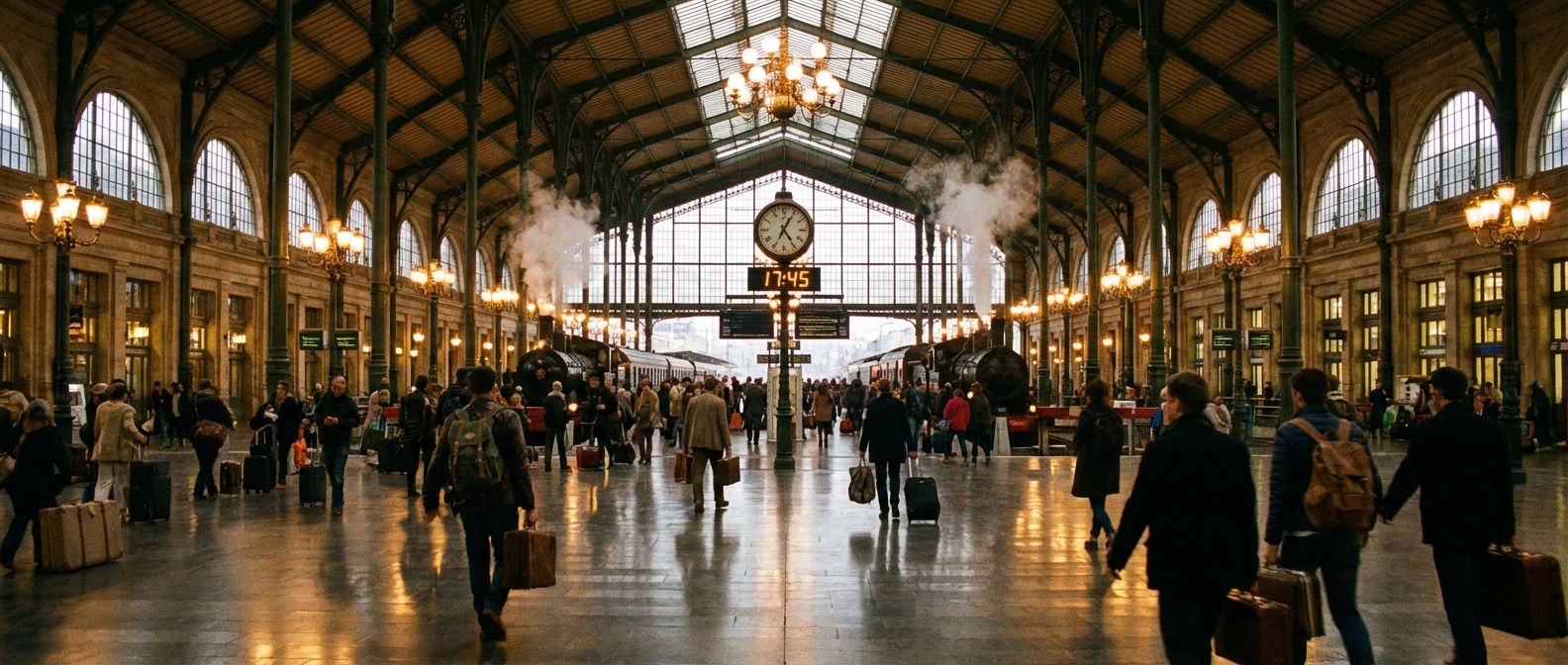 A wide-angle, atmospheric photograph of a grand European train station concourse at dusk, with warm, glowing lights illuminating the high vaulted ceilings and polished floors. Travelers with luggage are moving through the station, creating a sense of bustling activity, departure, and arrival.