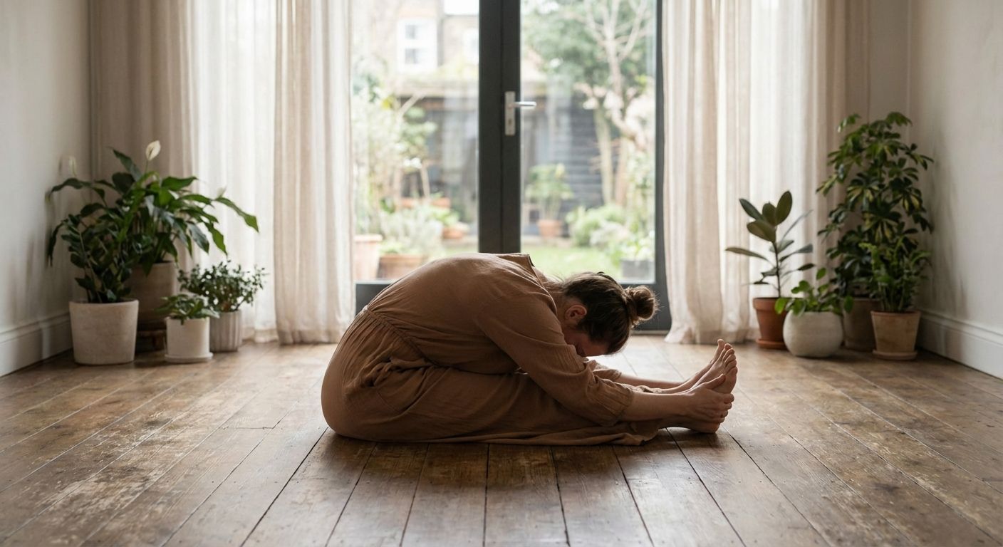 A peaceful, artistic photograph of a person in a gentle, mindful yoga pose, with a focus on the elegant lines of their body. Soft, diffused natural light creates a calming atmosphere, emphasizing health and serenity.