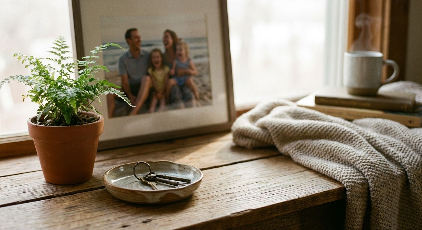A warm, inviting photograph of a wooden windowsill in a cozy apartment, featuring a small potted plant, a set of keys resting on a rustic dish, and a subtly placed, blurred framed photo in the background, hinting at family life. Soft morning light streams through the window.