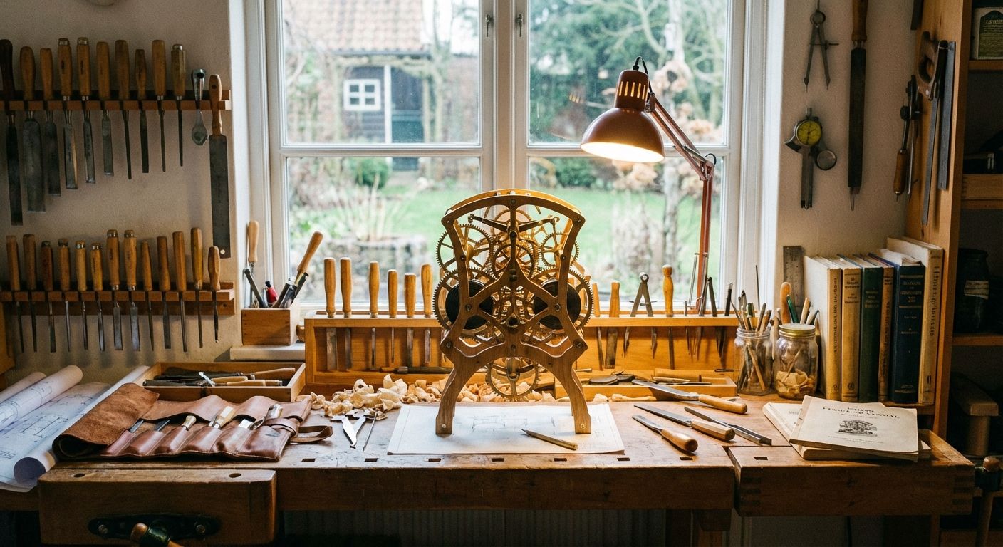 A photograph of a master craftsman's workbench, meticulously organized with an array of specialized tools. In the center, a complex, intricately assembled wooden model or clockwork mechanism stands perfectly finished, bathed in warm, focused light, symbolizing the culmination of precise and comprehensive work.