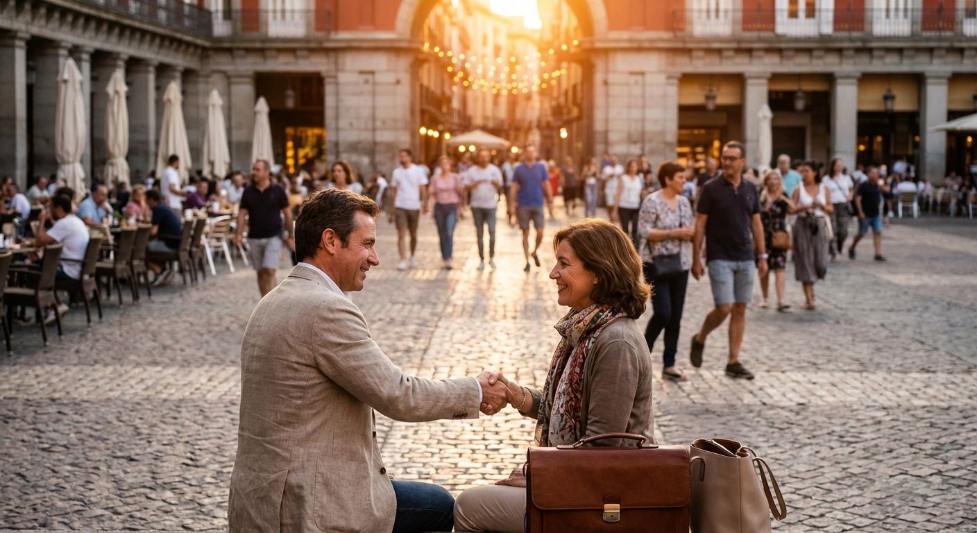A vibrant, sun-drenched Spanish plaza at dusk, with people strolling and enjoying the evening, creating an ongoing, atmospheric backdrop. In the foreground, two individuals are captured in the precise moment of a warm, decisive handshake, signifying a distinct and completed first meeting.