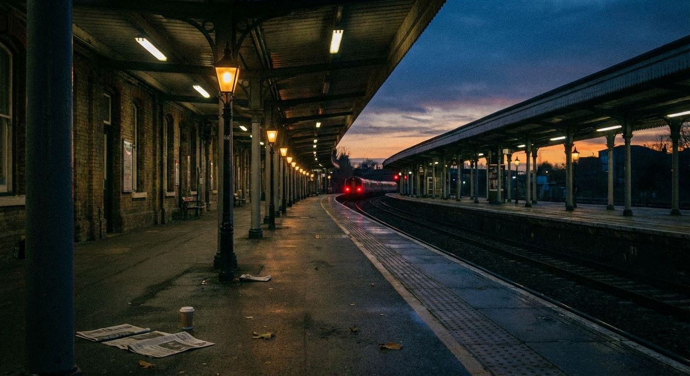 A long, empty train station platform at dusk, with a train's tail lights just visible in the far distance as it recedes around a bend. The platform lights cast long shadows, creating a sense of a recently completed departure.