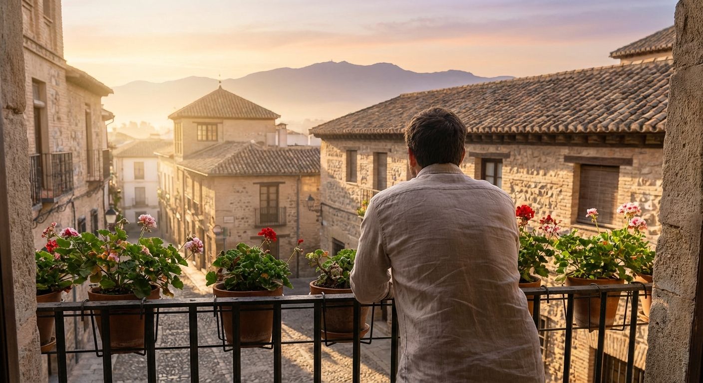 A thoughtful person stands on a sun-drenched balcony overlooking a historic Spanish city at dawn, gazing towards the distant horizon where the first light of day promises new possibilities. The scene captures a sense of anticipation and the unfolding future.