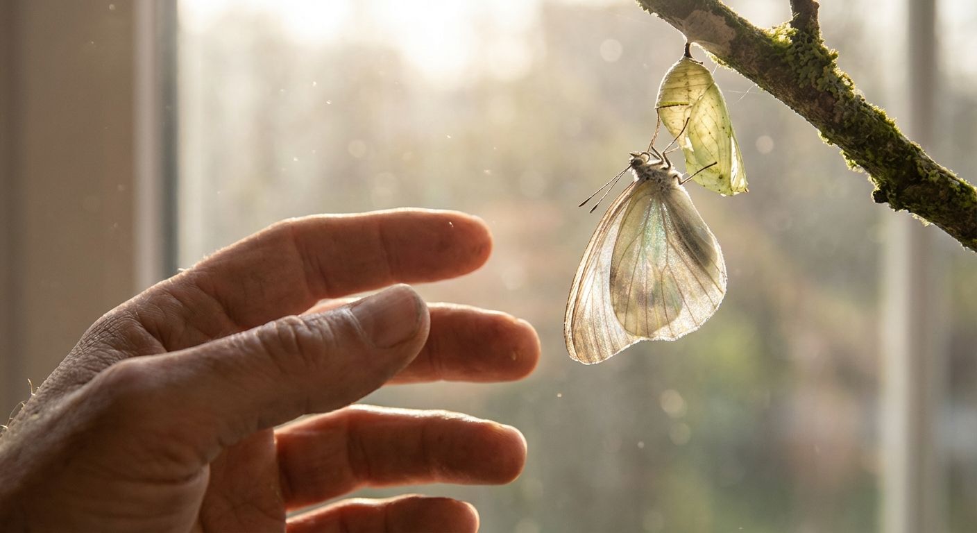A close-up photograph of a hand gently reaching towards a delicate, translucent butterfly with iridescent wings, as it slowly emerges from its chrysalis. Soft, ethereal light bathes the scene, creating a dreamlike and hopeful mood.