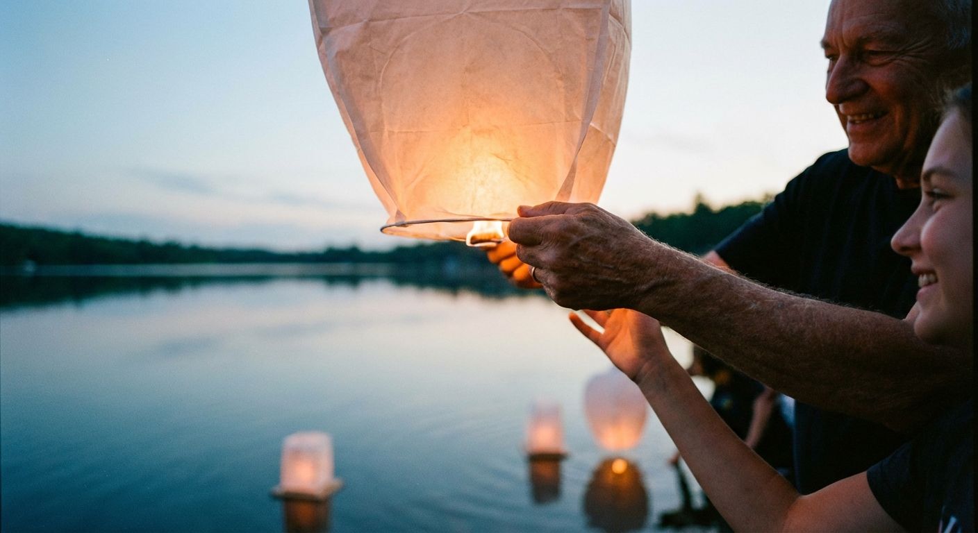 A close-up photograph of two hands gently releasing a softly glowing paper lantern into a serene, dusky sky, evoking a sense of hope, wishes, and shared emotion.