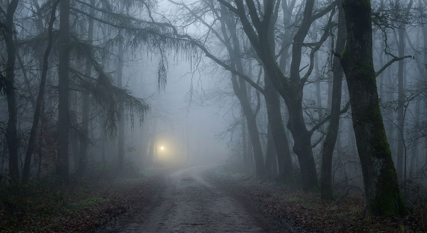 A winding, narrow path disappears into a thick, atmospheric fog in a moody forest. A faint, indistinct light struggles to break through the gloom, creating a profound sense of uncertainty and the unknown ahead.