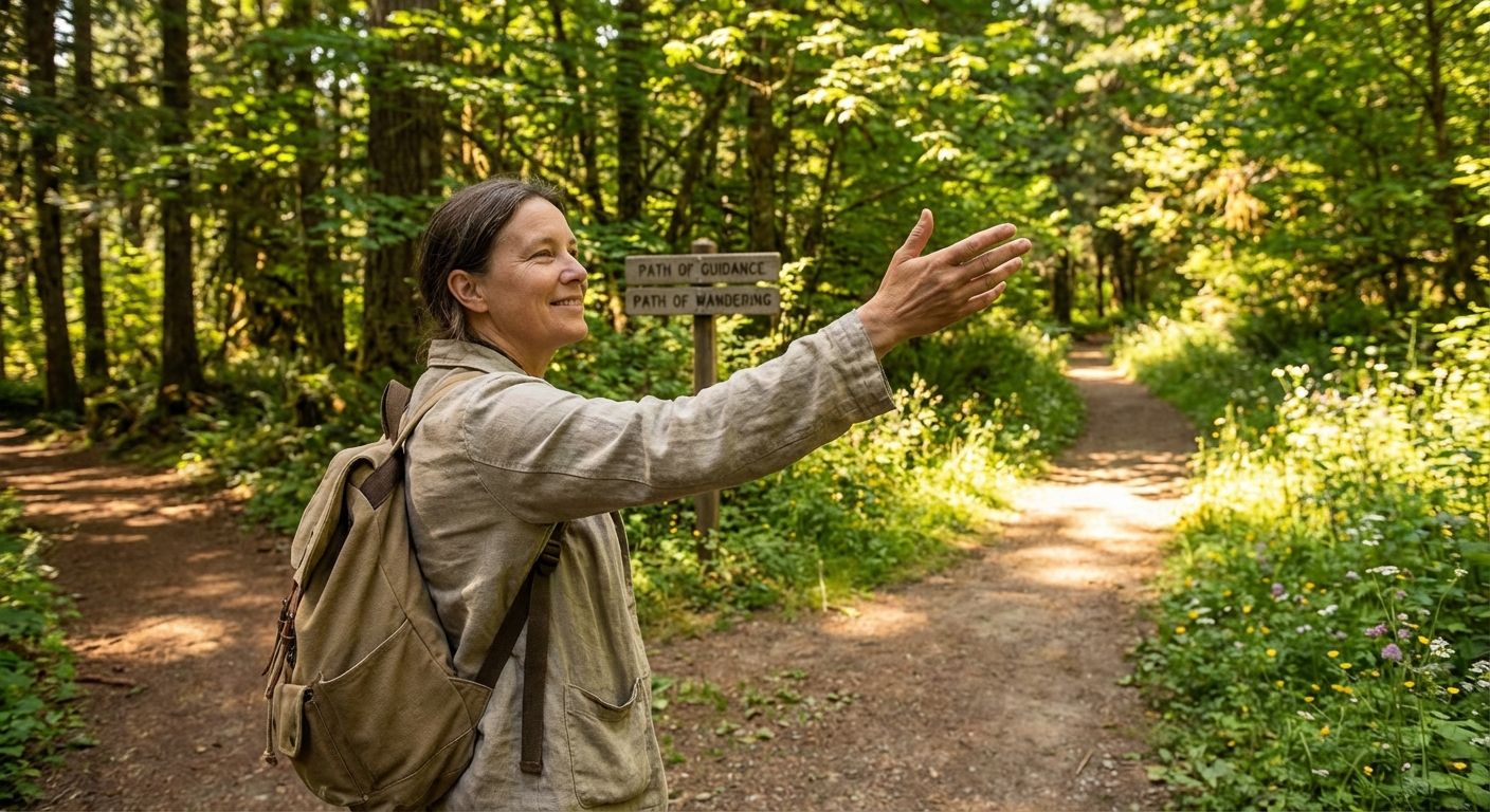 A person stands at a fork in a sun-dappled forest path, gently gesturing towards the more inviting, brighter path ahead. The scene should evoke a feeling of thoughtful guidance and positive choice, with warm, natural light.