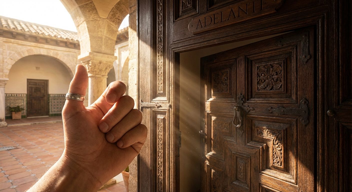 A close-up, detailed photograph of an elegant hand making a clear, firm 'enter' gesture towards an ornate, slightly ajar wooden door. Sunlight streams through the opening, highlighting intricate carvings and creating a warm, inviting glow in a formal Spanish setting.