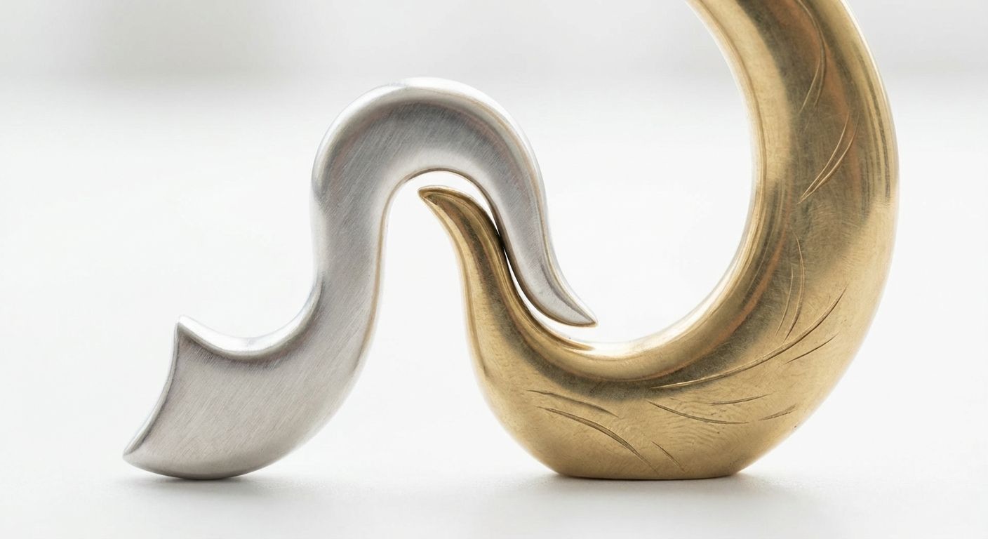A close-up, high-key photograph of two intricately designed, polished silver or brass abstract forms. One form, representing the indirect pronoun, is captured mid-transformation, subtly adjusting its curve to perfectly interlock and create a seamless, elegant flow with the second form, representing the direct pronoun. The scene emphasizes precision and harmonious connection.