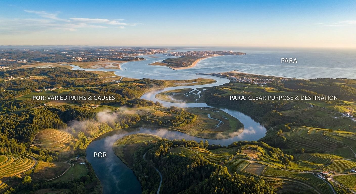 An aerial photograph captures a majestic, winding river carving its way through a lush, green valley during golden hour, symbolizing the varied paths and causes ('por'). In the far distance, the river dramatically opens into a vast, sparkling ocean under a clear, inviting sky, representing a clear purpose and destination ('para').