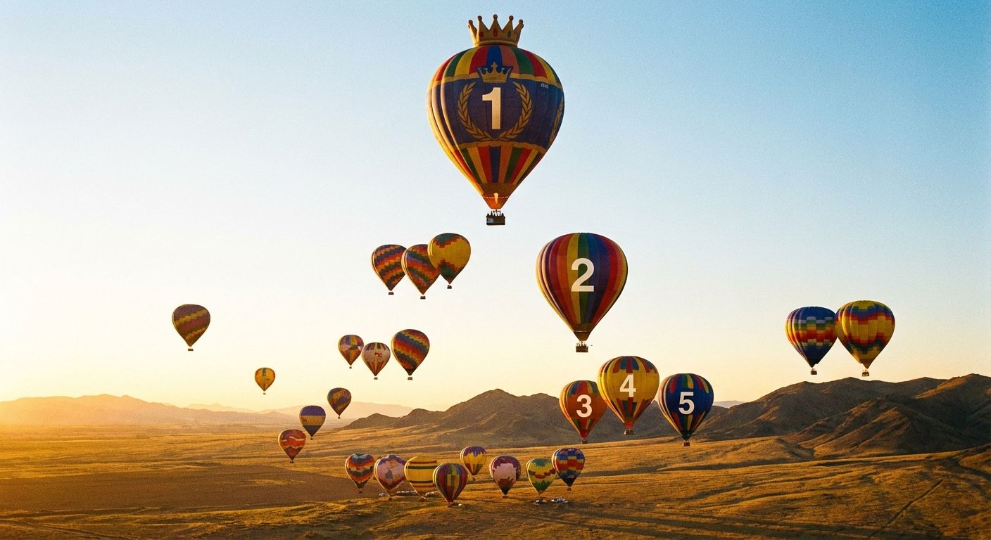 A captivating photograph featuring a group of vibrant hot air balloons suspended at varying altitudes in a vast, open sky. Some balloons are noticeably higher, some lower, and a few appear to be at the same level, visually representing comparison and ranking. The scene is bathed in the warm, golden light of a setting sun.