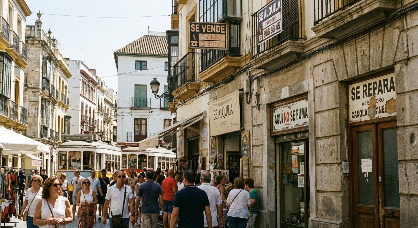 A bustling street scene in a historic Spanish city, with various aged and modern signs prominently displayed on buildings and storefronts. The signs feature phrases like 'Se Vende', 'Se Alquila', 'Aquí no se fuma', and 'Se Repara', subtly integrated into the realistic street photography, under warm, natural daylight.