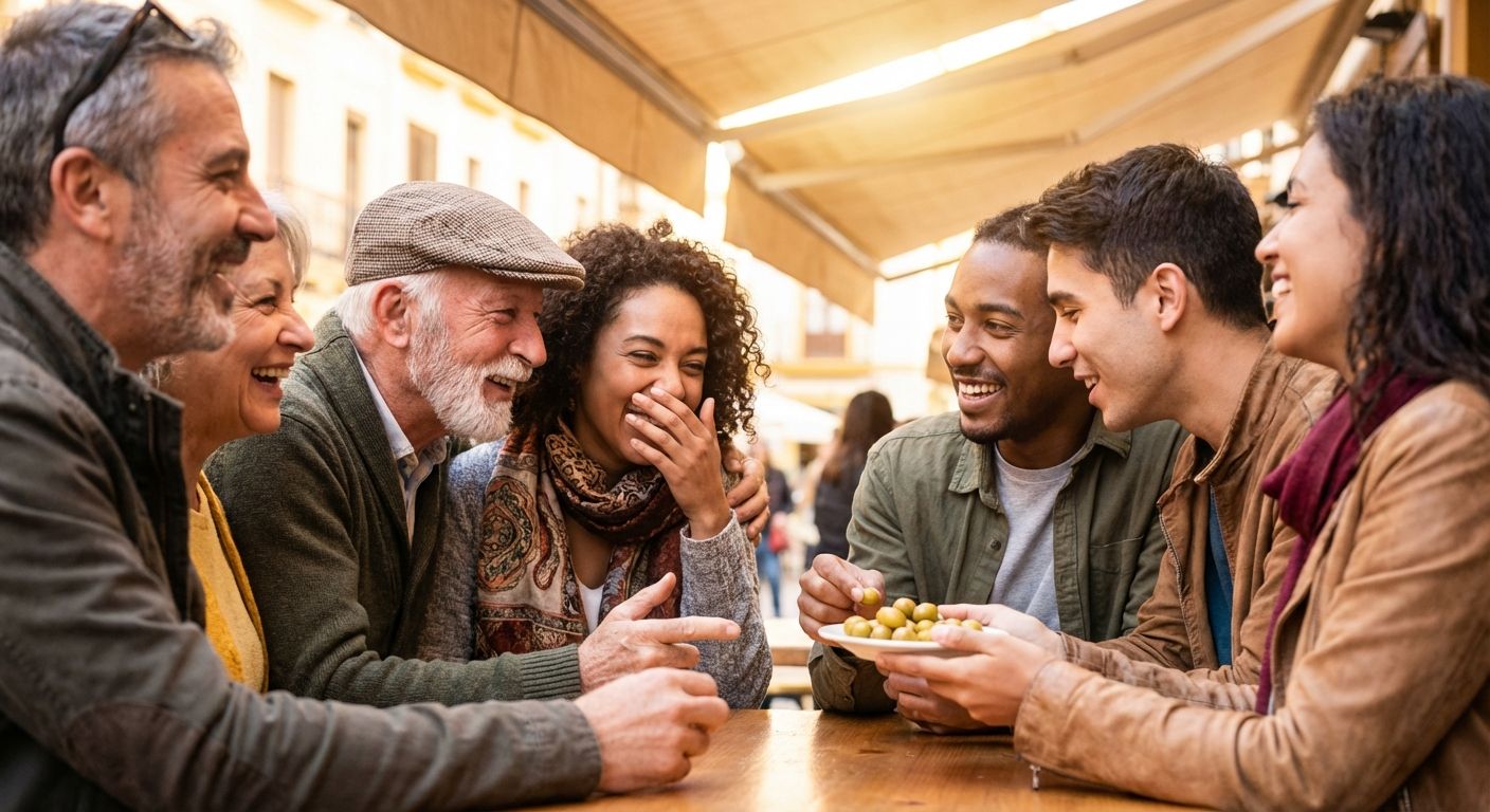 A candid, close-up photograph of a diverse group of people interacting naturally in a lively Spanish outdoor market or plaza. Their varied facial expressions and body language subtly convey distinct personalities and the rich tapestry of human connection, bathed in warm, late afternoon light.