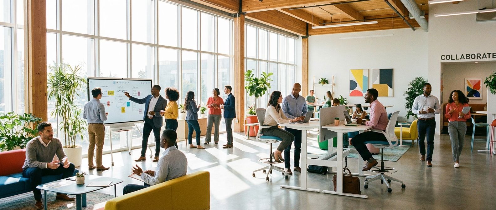 A vibrant, wide-angle photograph of a bustling, sunlit modern office. Diverse professionals, dressed in business casual attire, are actively collaborating in small groups and individually at sleek workstations, conveying a sense of purpose and dynamic teamwork.