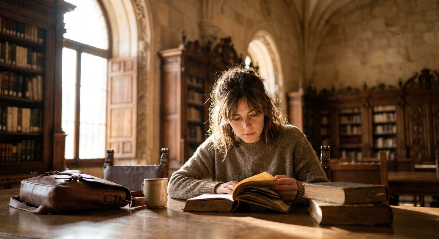 A warm, inviting photograph of a student deeply focused on reading a book at an antique wooden desk, bathed in soft sunlight streaming through a tall, arched window of a grand, historic Spanish university library. The intricate details of the ornate bookshelves and architecture are softly blurred in the background, emphasizing the quiet atmosphere of learning.