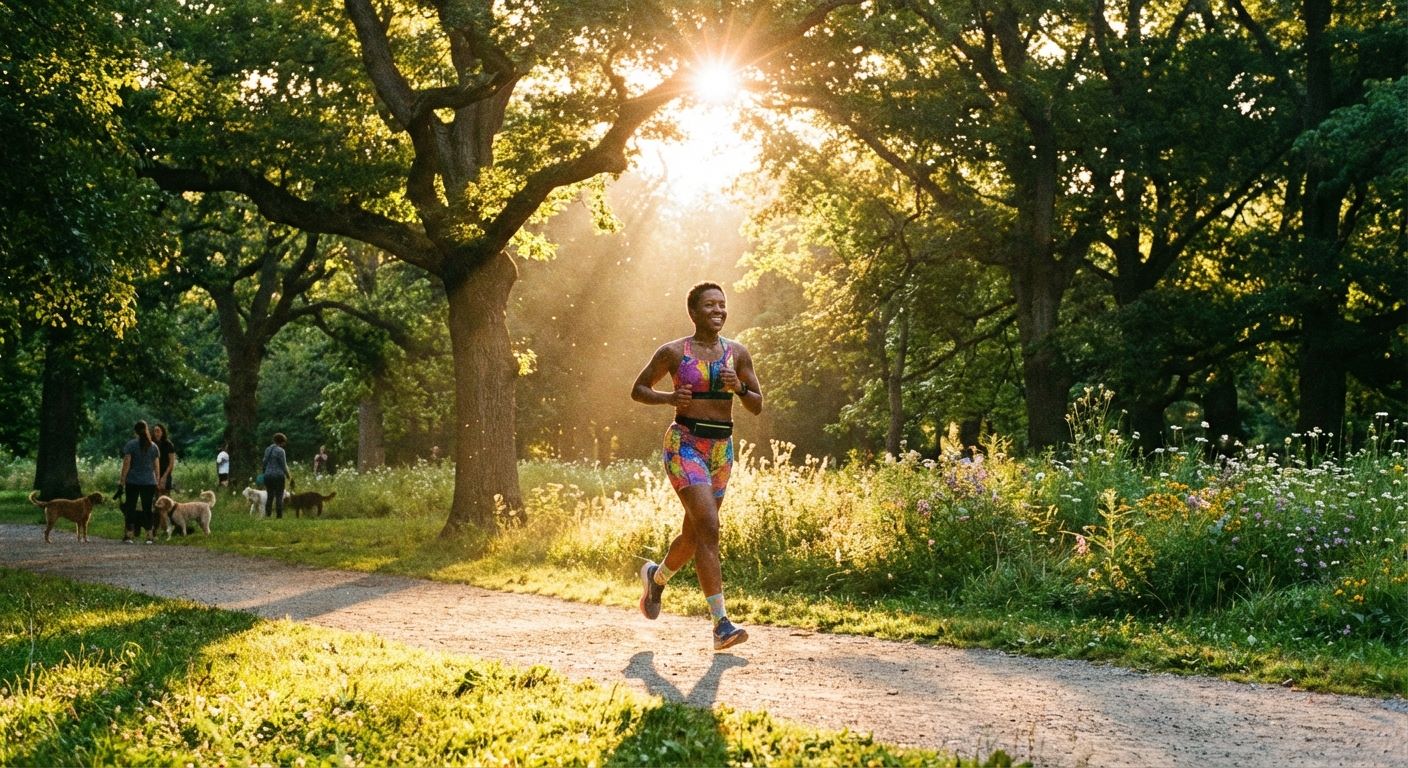 A vibrant photograph of a person jogging on a sun-drenched park path, with lush green trees in the background. The morning light casts a warm glow, emphasizing a sense of health, energy, and well-being.
