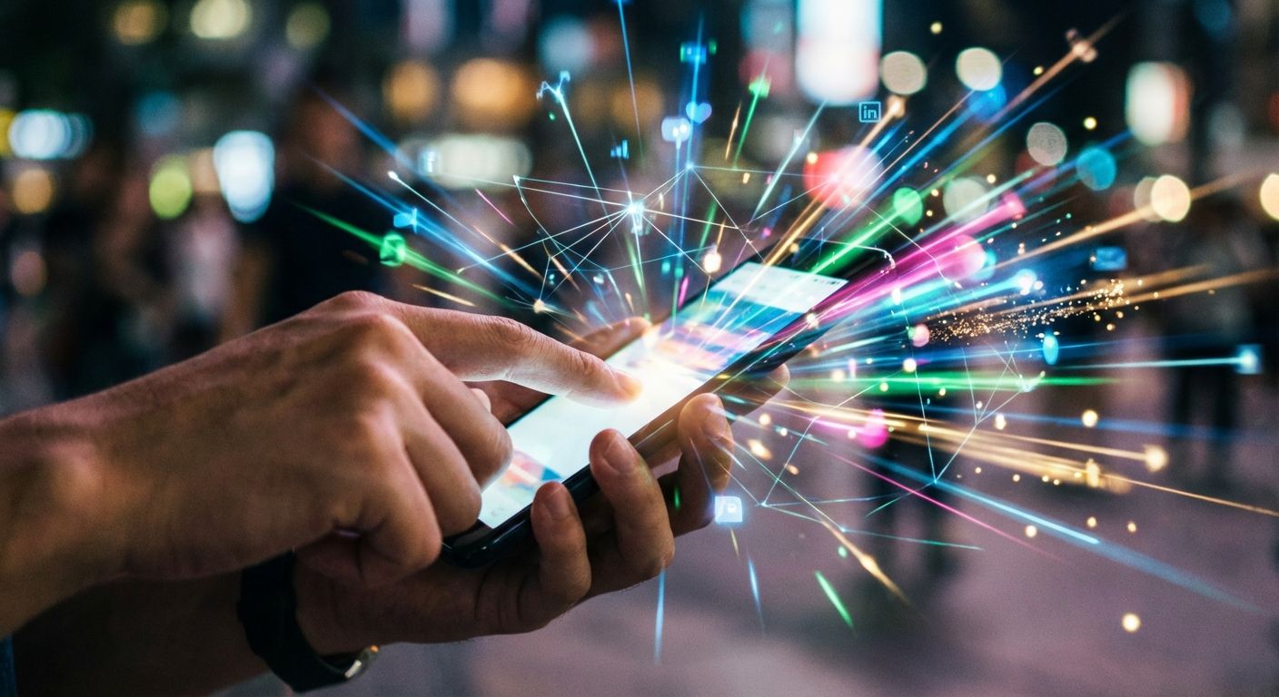 A close-up, dynamic photograph of hands interacting with a glowing smartphone screen, with blurred, colorful light trails and abstract digital elements radiating outwards, signifying internet and social media connections. The scene should be modern and vibrant, with a shallow depth of field.