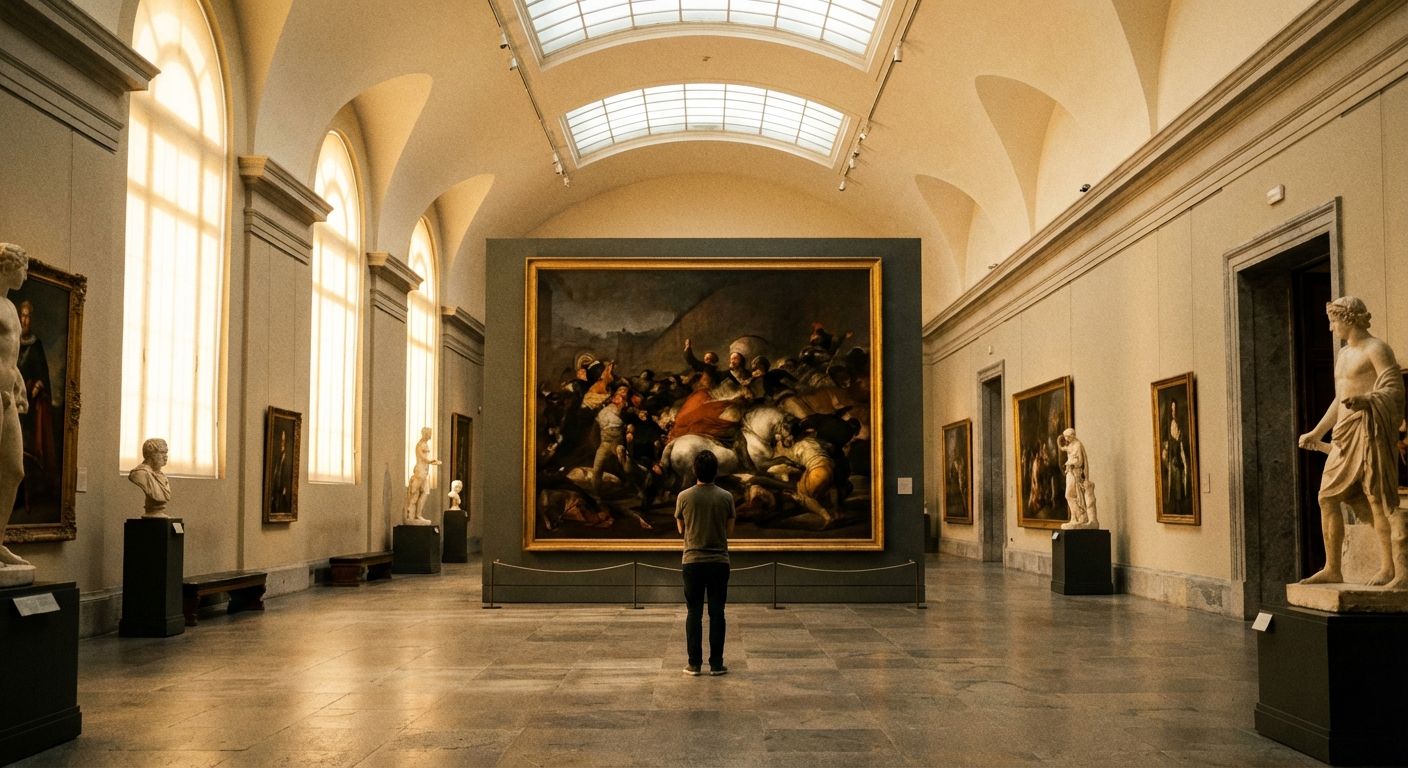 A grand, sun-drenched art gallery hall with high ceilings, featuring a large, dramatic painting that evokes strong emotion. A lone figure stands captivated, viewing the masterpiece from a distance, bathed in soft, natural light filtering through tall windows, in a style reminiscent of Spanish classical art museums.