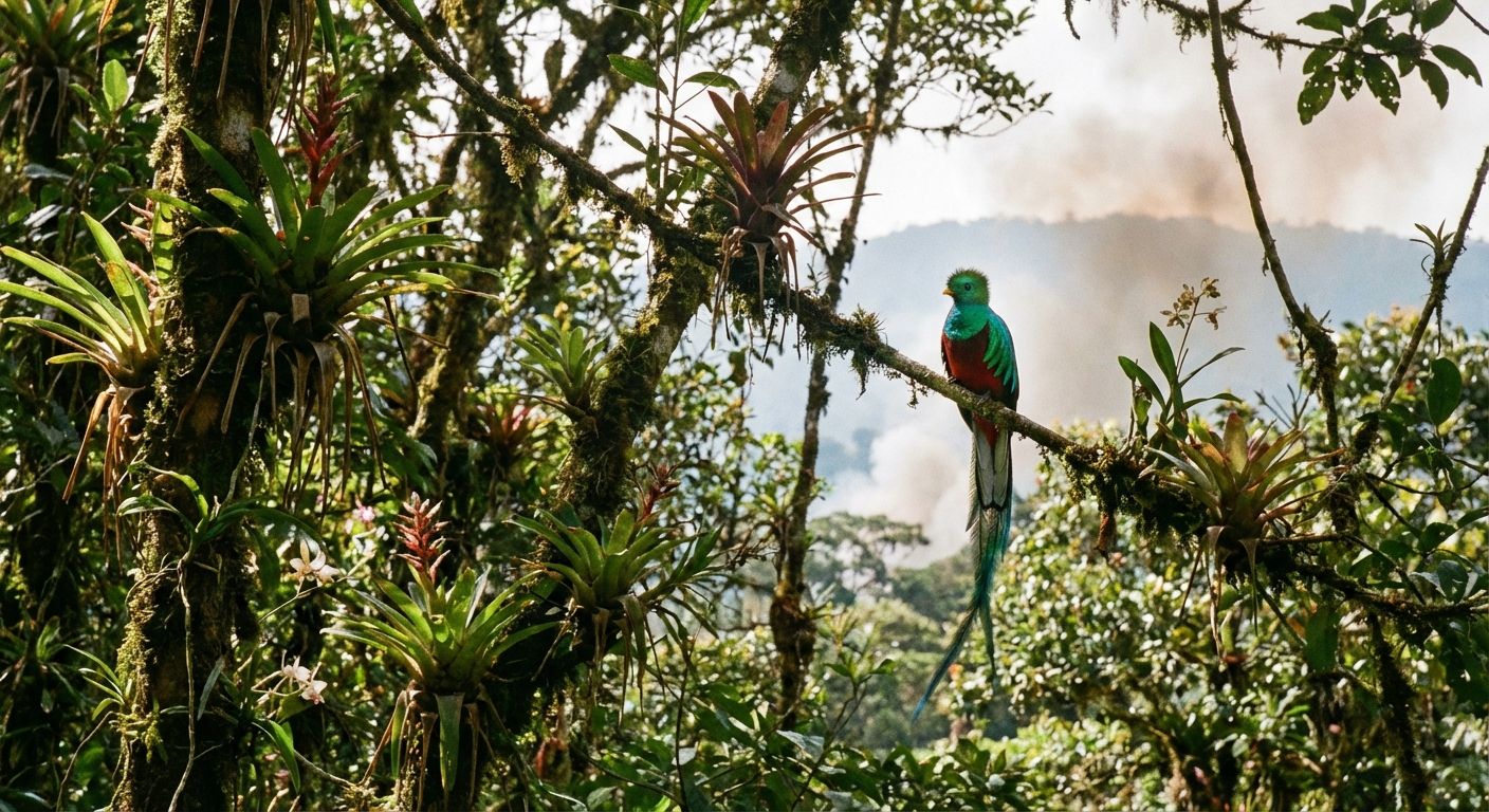 A stunning, vivid photograph of a lush, dense rainforest canopy bathed in dappled sunlight, with a vibrant, exotic bird perched prominently on a branch. In the distance, a faint, almost imperceptible haze hangs over the horizon, subtly hinting at environmental concerns.