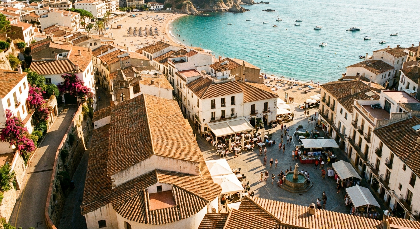 A sun-drenched, high-angle photograph of a charming Spanish coastal town, revealing a tapestry of terracotta rooftops leading down to a vibrant plaza where people are enjoying coffee and conversation, with a glimpse of a sandy beach and the sparkling Mediterranean Sea in the distance. The warm, late afternoon light creates a sense of accomplishment and a comprehensive view.