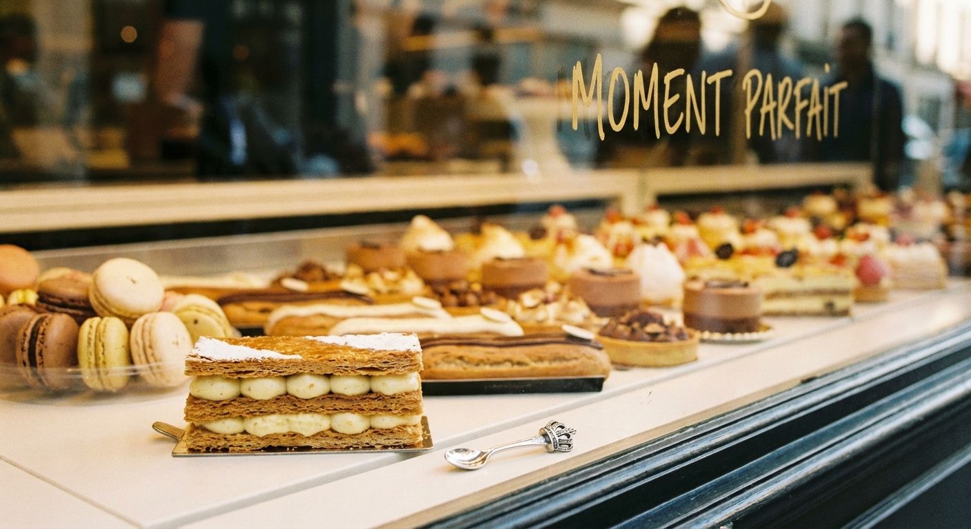 A high-quality photograph of a sun-drenched display window of an elegant French patisserie, featuring a single, perfectly crafted mille-feuille pastry sharply in focus in the foreground, representing a distinct, completed moment. The rest of the window display, a continuous and slightly blurred array of other exquisite pastries, provides a soft, atmospheric background, while a small, elegant silver charm subtly placed next to a larger pastry symbolizes a refined stand-in or reference for an object.