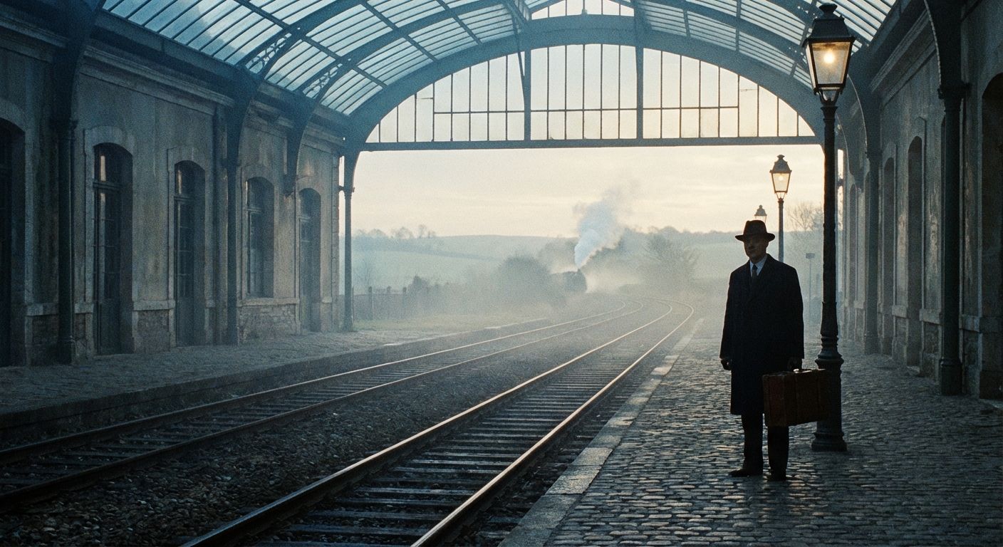 A photographic scene at an old, atmospheric French train station platform at dawn. Soft, diffused light casts a melancholic mood over the empty tracks and lingering mist, while a single, sharply focused traveler stands alone on the platform. In the far distance, a faint wisp of smoke or the very tail end of a train disappears into the horizon, indicating an event that had just occurred.