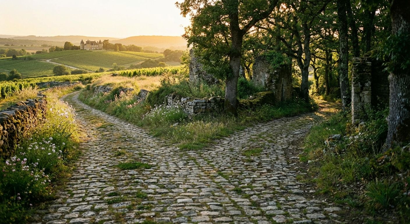 A beautiful photograph of a winding, ancient stone path in the French countryside, forking into two distinct directions. One path leads clearly towards a bright, sunlit horizon, while the other diverges into a slightly more shadowed, intriguing area, suggesting choices and possibilities.