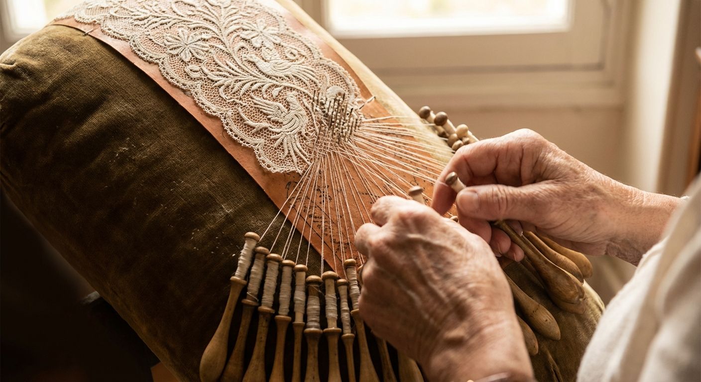 A close-up, high-angle photograph of a skilled artisan's hands meticulously weaving intricate, delicate threads on a traditional French lace bobbin pillow, creating a beautiful, flowing pattern. The scene is bathed in soft, warm light, highlighting the detailed work and the elegant connection of each thread.