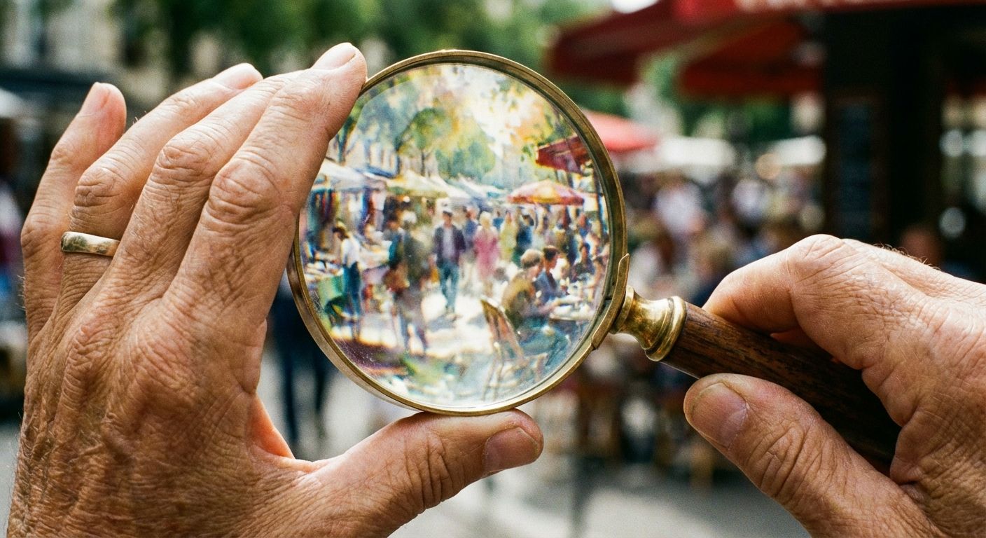 A close-up, artistic photograph of a person's hands holding a vintage magnifying glass. Through the lens, a vibrant, slightly distorted scene of a bustling French market or a sunny cafe terrace appears with a dreamlike, subjective quality, contrasting with the sharp focus of the hands in the foreground.