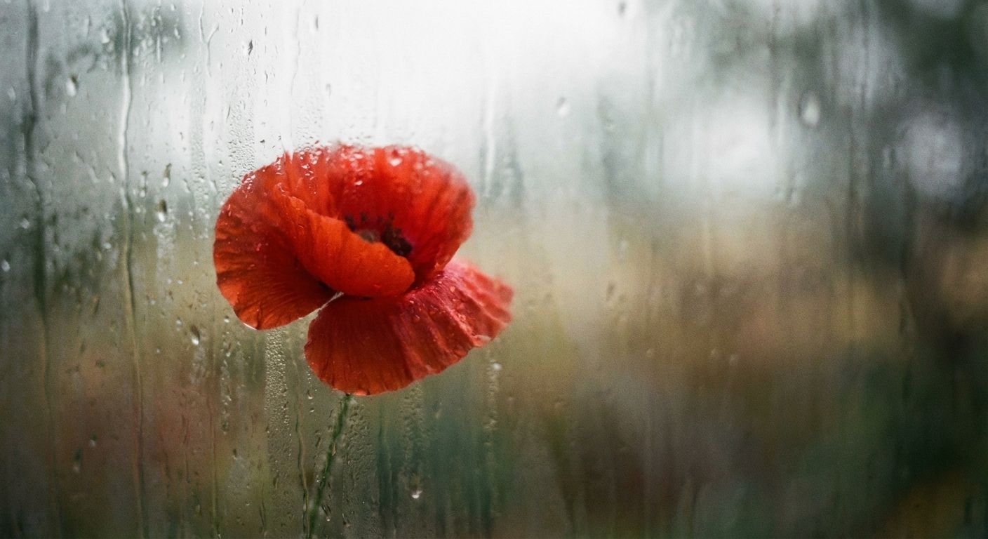 A close-up photograph of a single, vibrant red poppy or rose, viewed from inside a window, with gentle rain streaks or light condensation on the glass. The background beyond the flower is softly blurred, hinting at an uncertain or dreamlike distance, bathed in soft, diffused light.