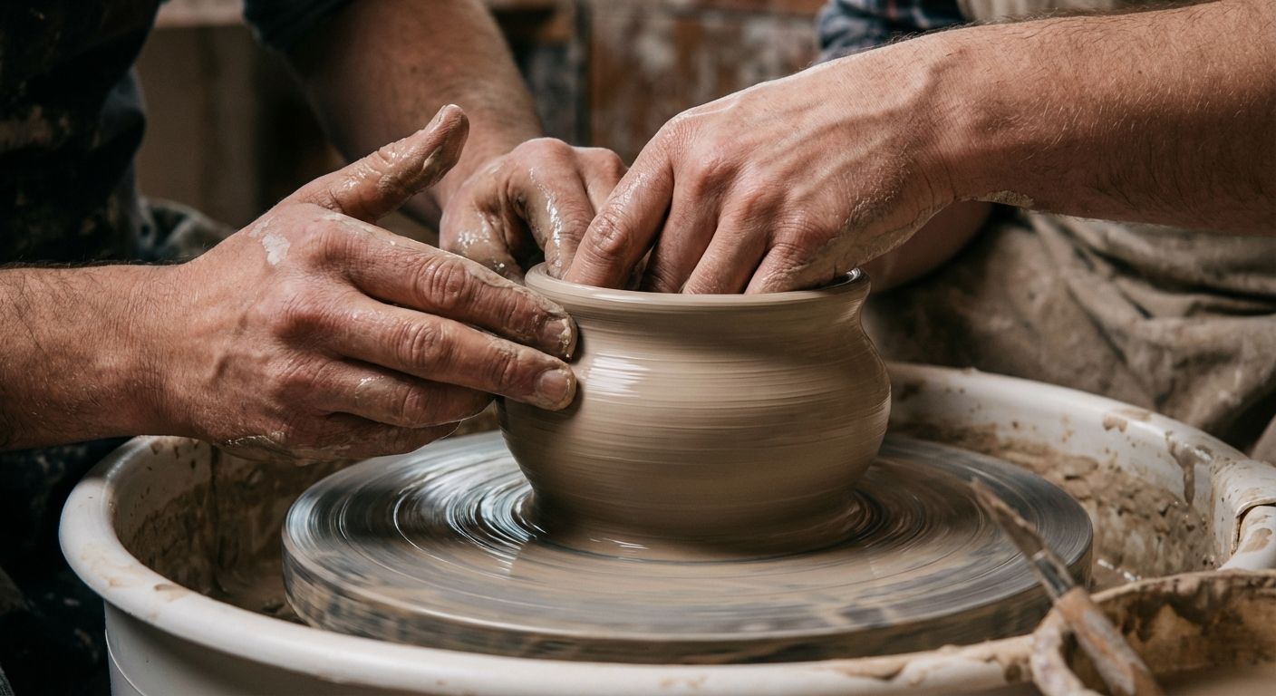A close-up, high-resolution photograph of a potter's hands expertly shaping a spinning lump of clay on a potter's wheel. The clay is transforming fluidly under their touch, with water glistening on its surface, all illuminated by soft, focused studio lighting.