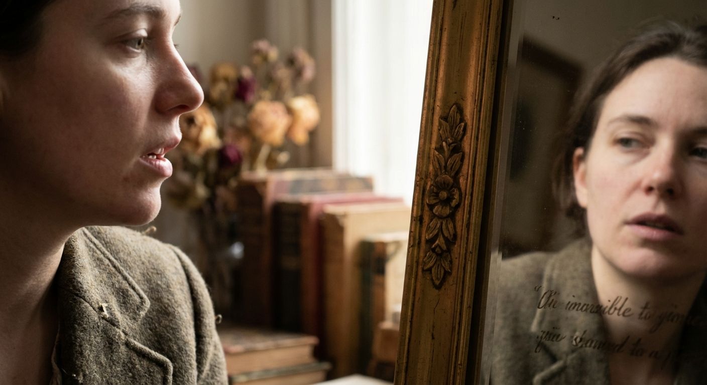A close-up, artistic photograph of a person's face as they speak, with their reflection in a vintage, ornate mirror subtly showing a different, rephrased version of their words or expression. The scene is bathed in soft, natural light, creating a thoughtful and slightly mysterious mood.