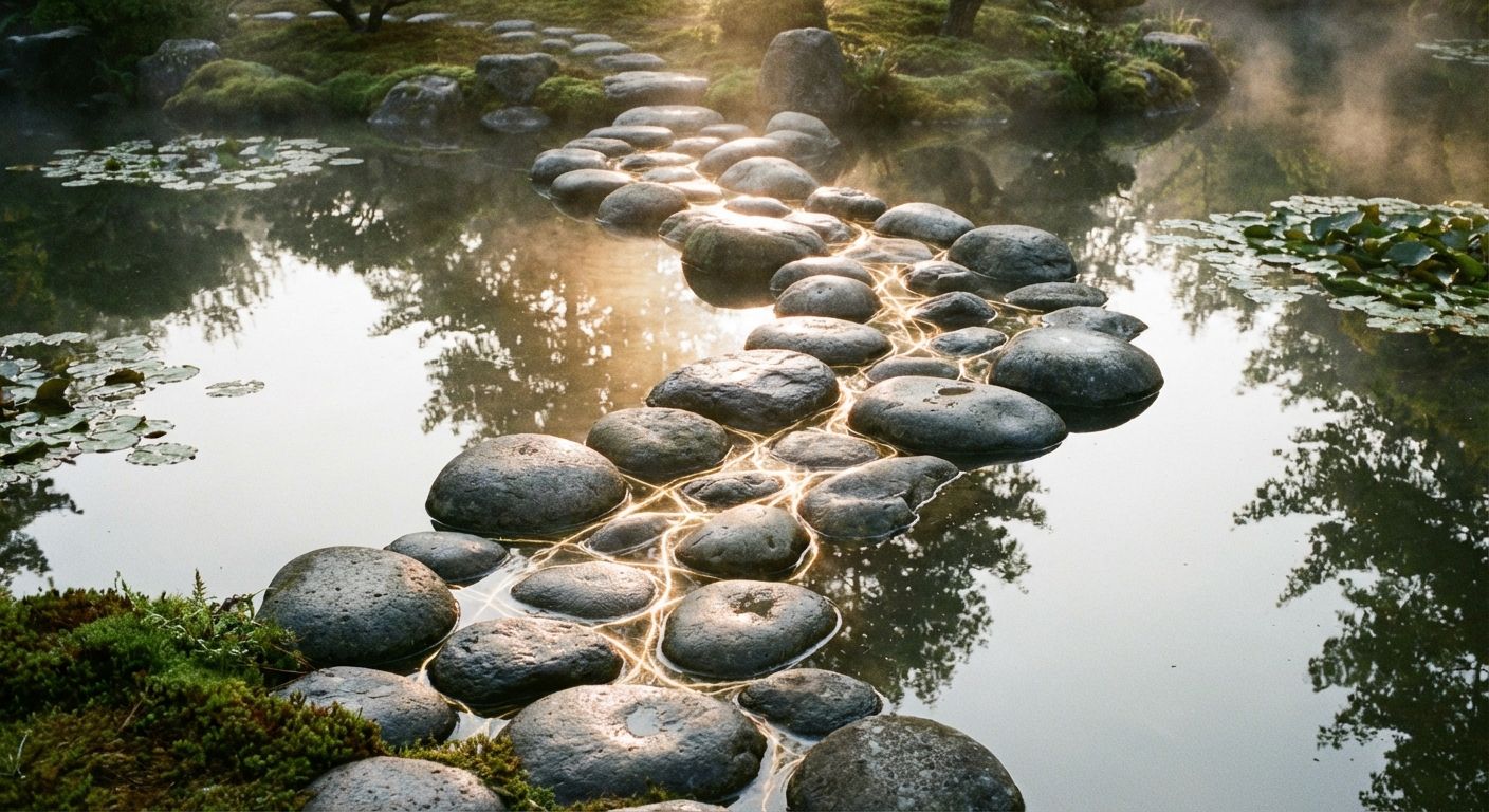 A close-up, top-down photograph of a series of perfectly placed, smooth stepping stones forming an elegant, winding path across a tranquil, reflective pond, with soft morning light illuminating the connections between the stones, hinting at logical flow and structure.