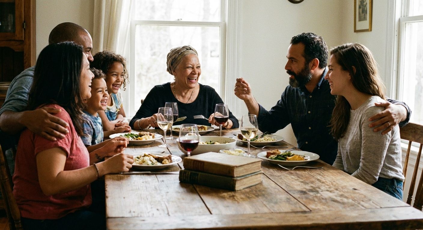 A candid photograph of a diverse group of friends or family members sharing a warm, intimate moment, perhaps laughing or in deep conversation, around a rustic wooden table bathed in soft, natural light. The focus is on their genuine expressions and close interactions, evoking feelings of connection and belonging.
