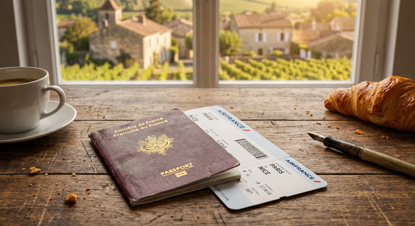 A close-up, top-down photograph of a French passport and an airplane ticket resting on a rustic wooden table. In the softly blurred background, a picturesque view of a charming French village or sun-drenched countryside is visible through a window, bathed in warm, natural light.