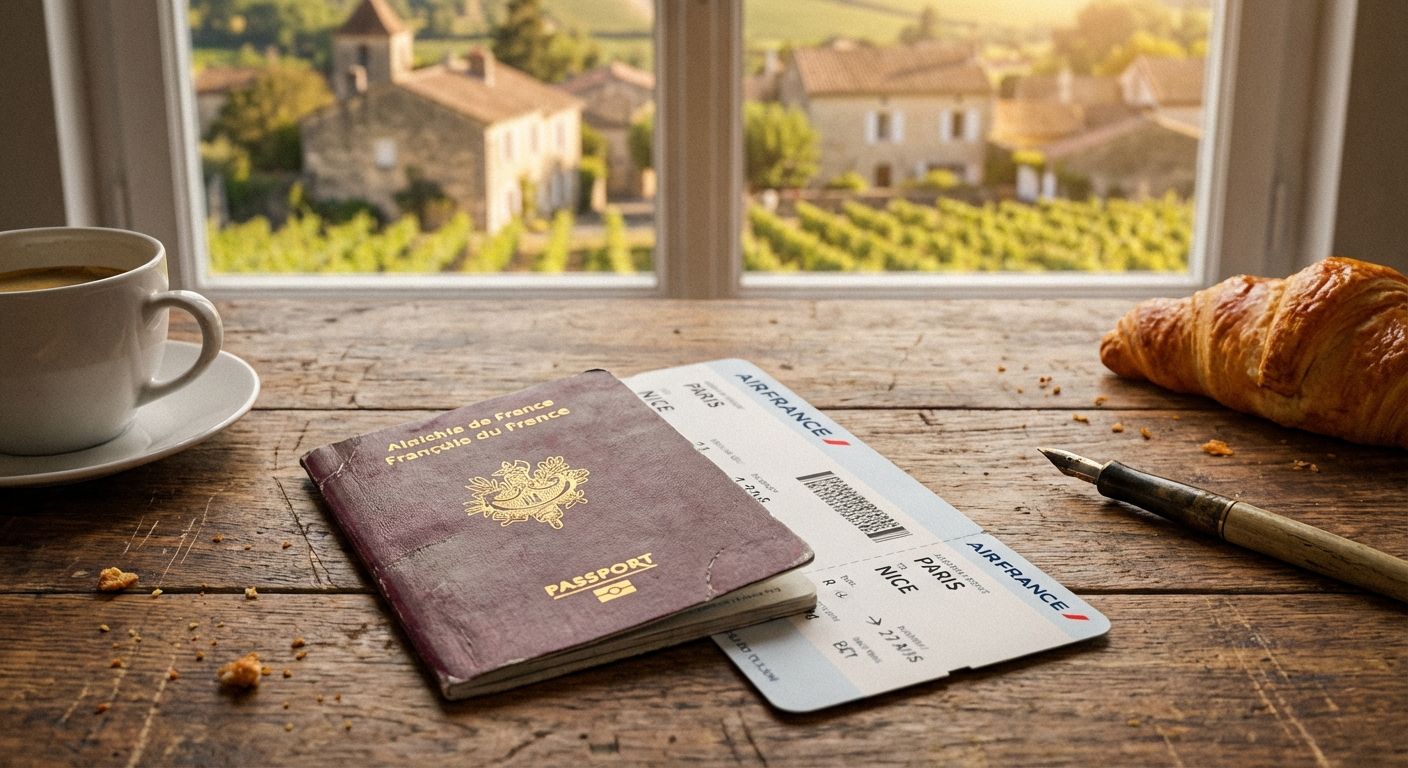 A close-up, top-down photograph of a French passport and an airplane ticket resting on a rustic wooden table. In the softly blurred background, a picturesque view of a charming French village or sun-drenched countryside is visible through a window, bathed in warm, natural light.