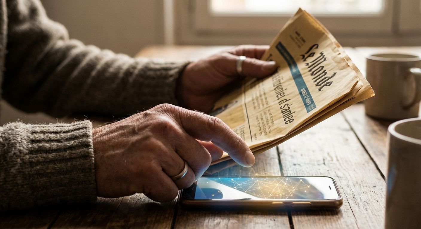 A close-up, cinematic photograph captures a person's hands. One hand holds a slightly worn French newspaper, while the other gently interacts with a glowing smartphone screen that displays a subtle, interconnected network of light, symbolizing digital information. Soft, ambient light illuminates the scene with a shallow depth of field.