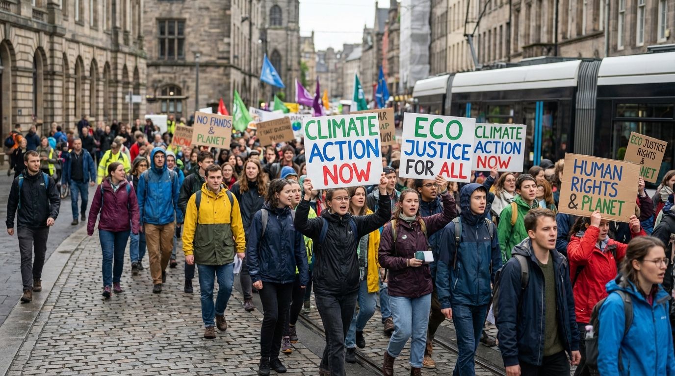 A dynamic, wide-angle photograph of a diverse group of people marching in a peaceful protest through a bustling European city street, holding signs advocating for environmental protection and social justice. The scene is vibrant with a sense of urgency and community, captured in a realistic, photojournalistic style with natural light.