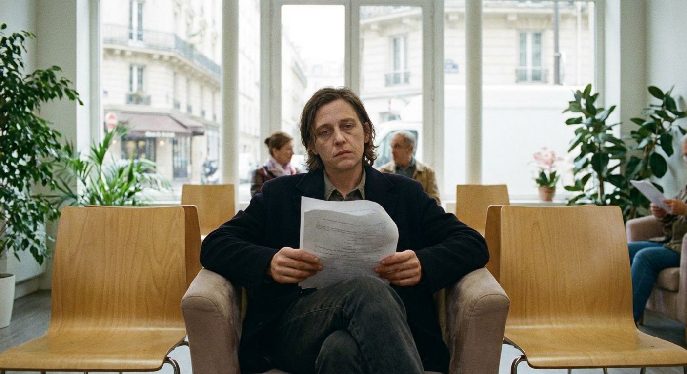 A candid photograph of a person looking thoughtful or slightly fatigued, holding a prescription slip in their hand, with the soft, natural light of a modern French medical clinic's waiting area in the background.