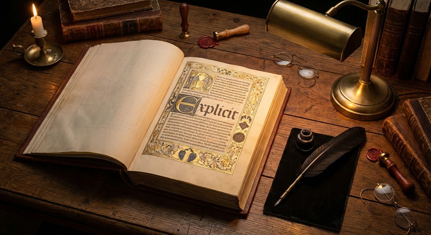 A beautifully illuminated old French manuscript, open to a final, intricately detailed page, with a single elegant quill pen resting beside it on a polished wooden desk. Soft, warm light bathes the scene, evoking a sense of accomplishment and timeless artistry.