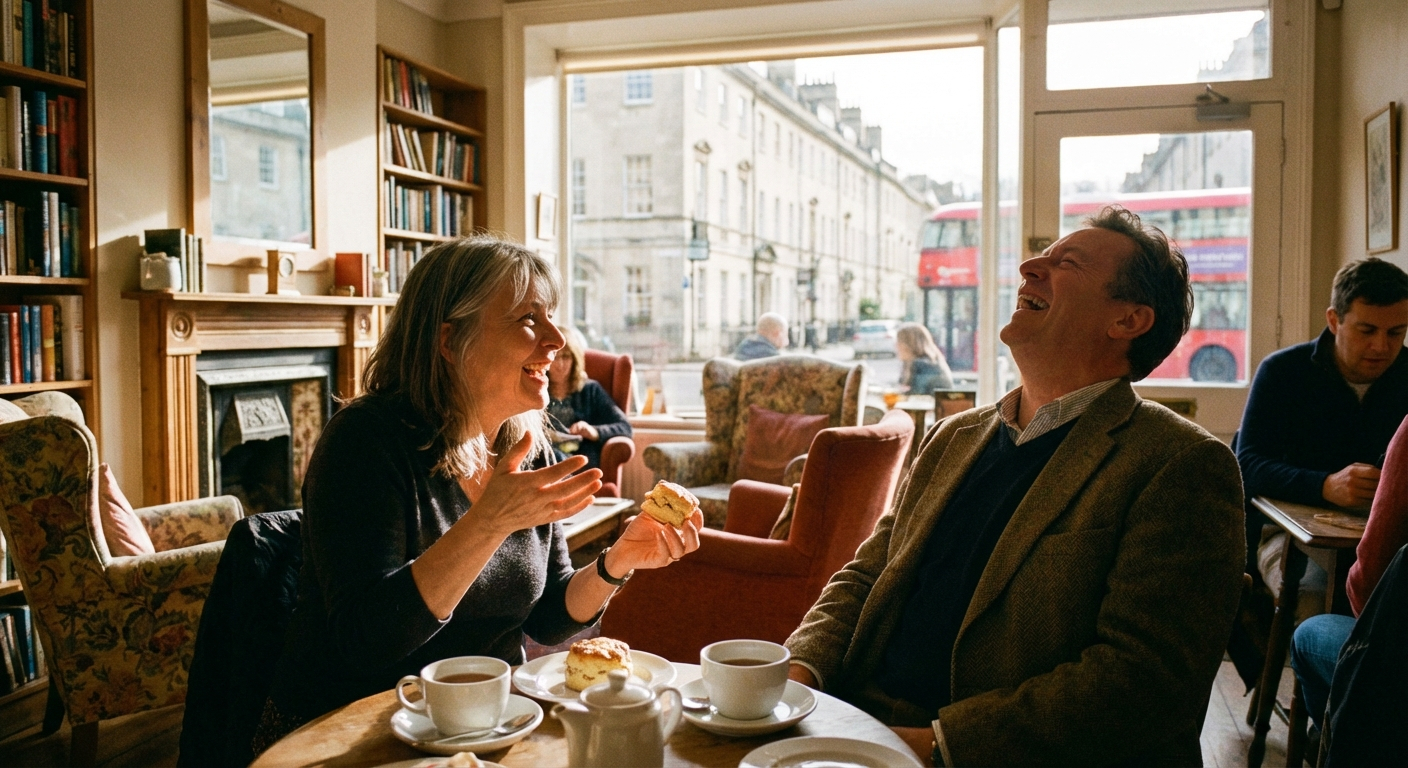 A candid photograph of two individuals engaged in a lively and natural conversation over tea in a cozy, elegant British cafe. Warm, inviting natural light streams through a window, illuminating their expressive faces and gestures, with subtle hints of classic British architecture in the soft-focus background, conveying a sense of fluent connection and a welcoming atmosphere.