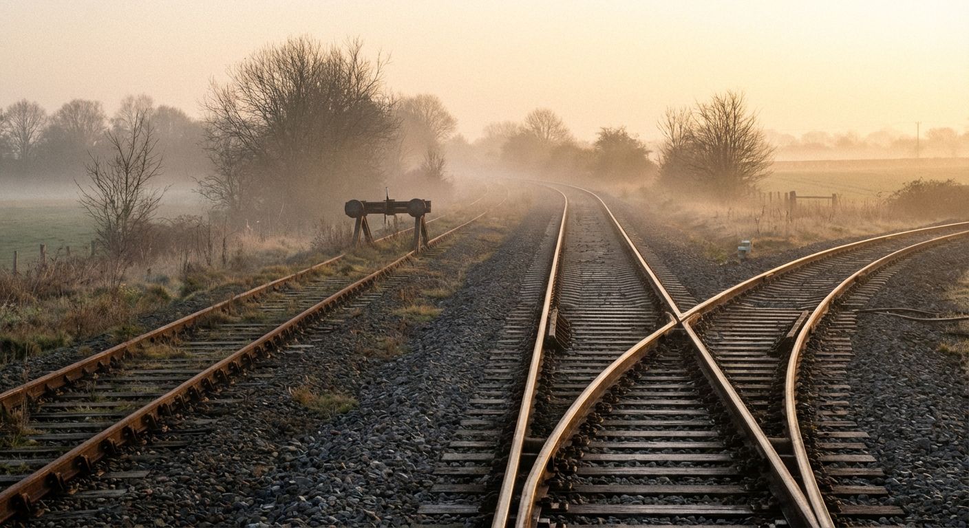 A serene, misty morning scene featuring a set of train tracks. One track clearly leads into the distance and ends, while another track merges from the past onto a main, active line. In the foreground, the main track splits into several diverging paths, stretching towards a soft, bright horizon.