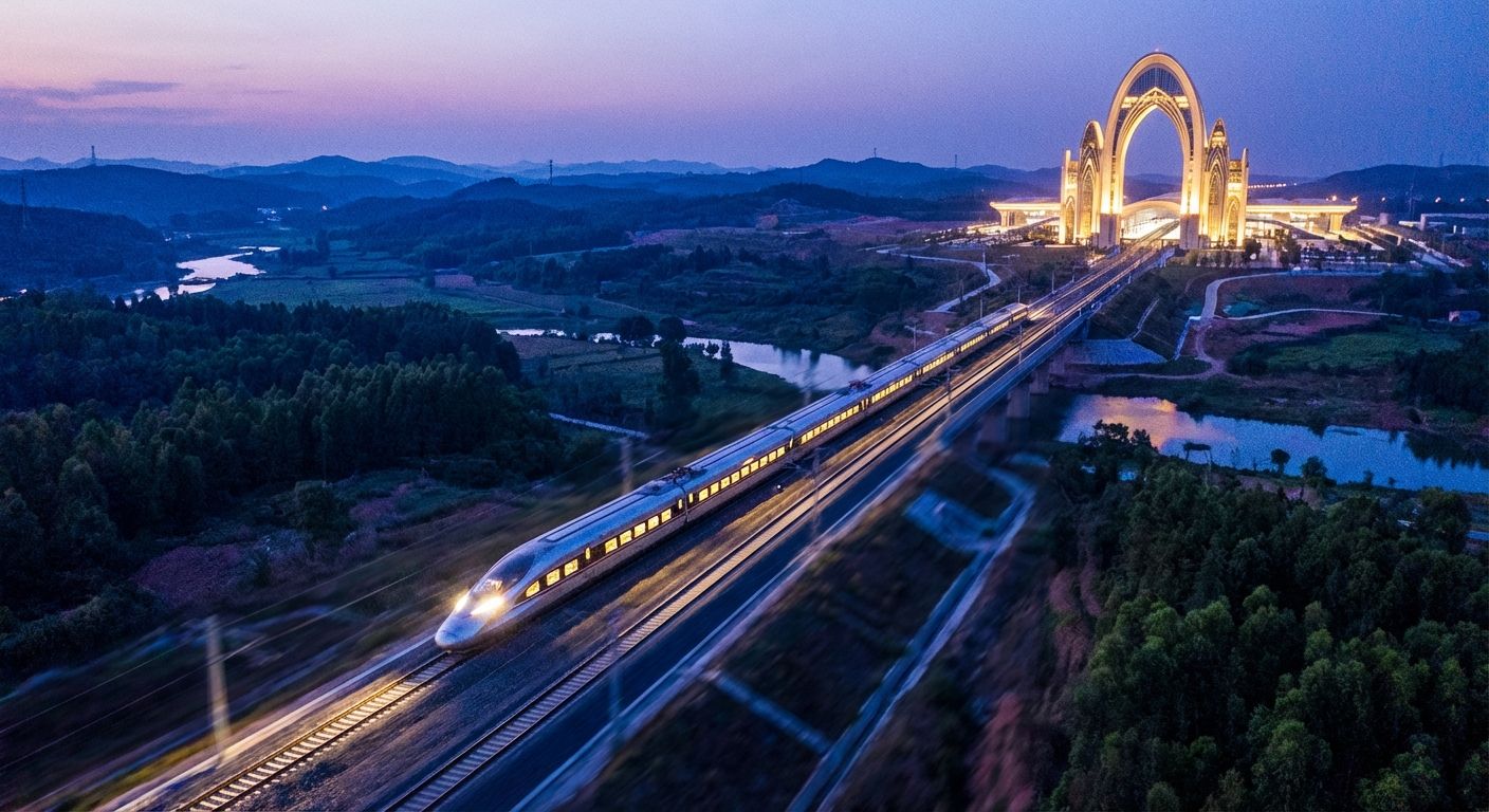 A high-angle photograph of a modern train speeding through a twilight landscape, its lights illuminating the tracks. In the far distance, a grand, illuminated train station or a landmark archway stands prominently, symbolizing a future destination and completion.