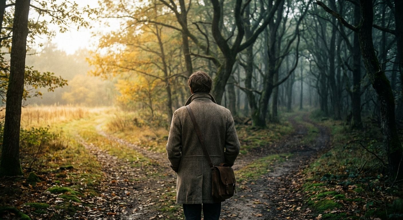 A lone figure stands pensively at a fork in a winding forest path, one route leading into bright, open sunlight and the other disappearing into deep, misty shadows. The scene is captured as a photograph with soft, diffused light, evoking a sense of past decisions and imagined, alternative futures.