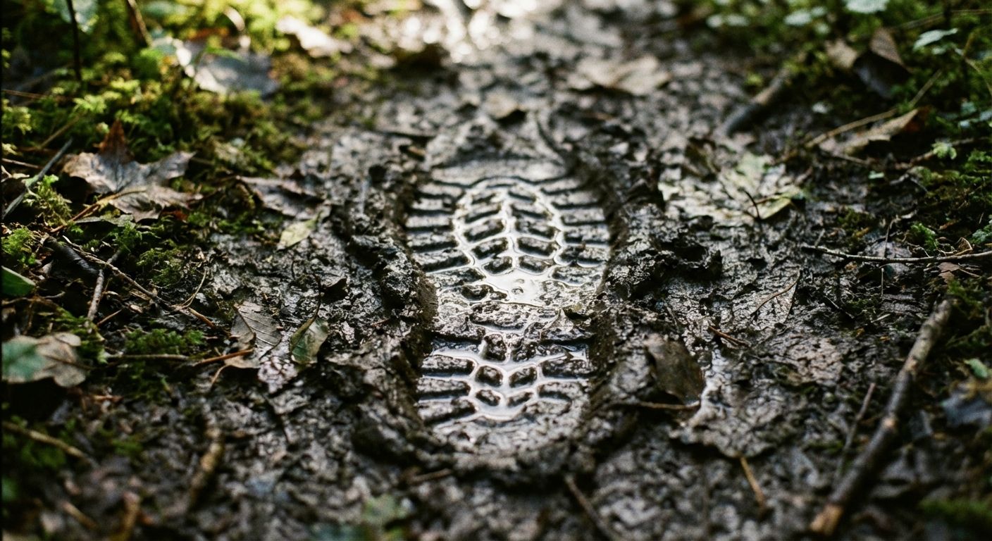 A close-up photograph of a single, clear footprint in fresh, wet mud on a forest path, illuminated by soft, diffused light, evoking a sense of recent past activity and quiet contemplation.