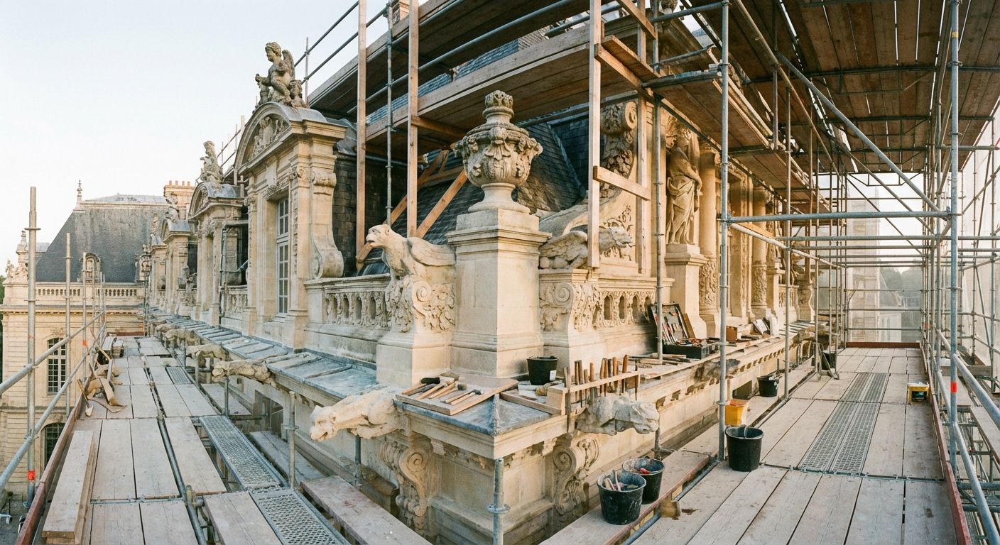 A photograph of a grand, historic building undergoing meticulous renovation. The scene is calm and clean, focusing on intricate architectural details, scaffolding, and neatly arranged tools, with no people visible. The emphasis is on the object being transformed and the precise work performed upon it, bathed in soft, early morning light.