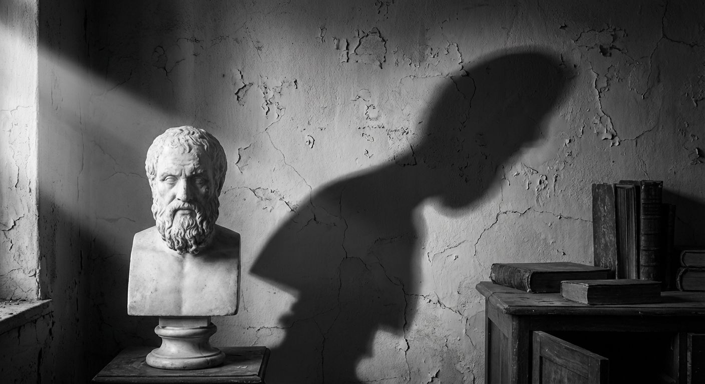 A dramatic, chiaroscuro photograph of a classical marble bust, brightly lit from one side. The bust casts a long, subtly distorted shadow on a textured wall, evoking a shift in perspective and time, in a contemplative and sophisticated mood.