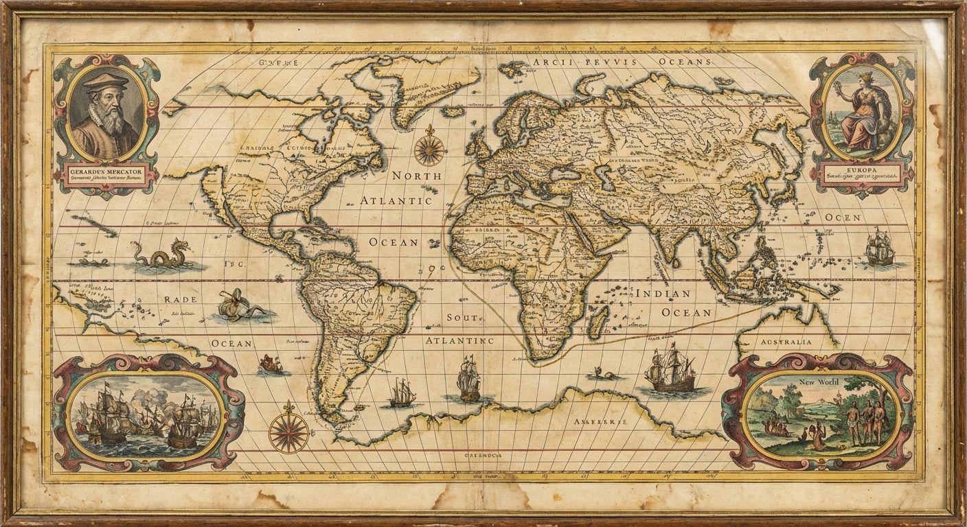 A close-up photograph of a vintage, detailed world map, where the main geographical features and essential routes are clearly visible. Smaller, decorative cartouches or framed illustrations providing additional historical or artistic context are positioned distinctly around the map's border, visually separated from the core cartography.