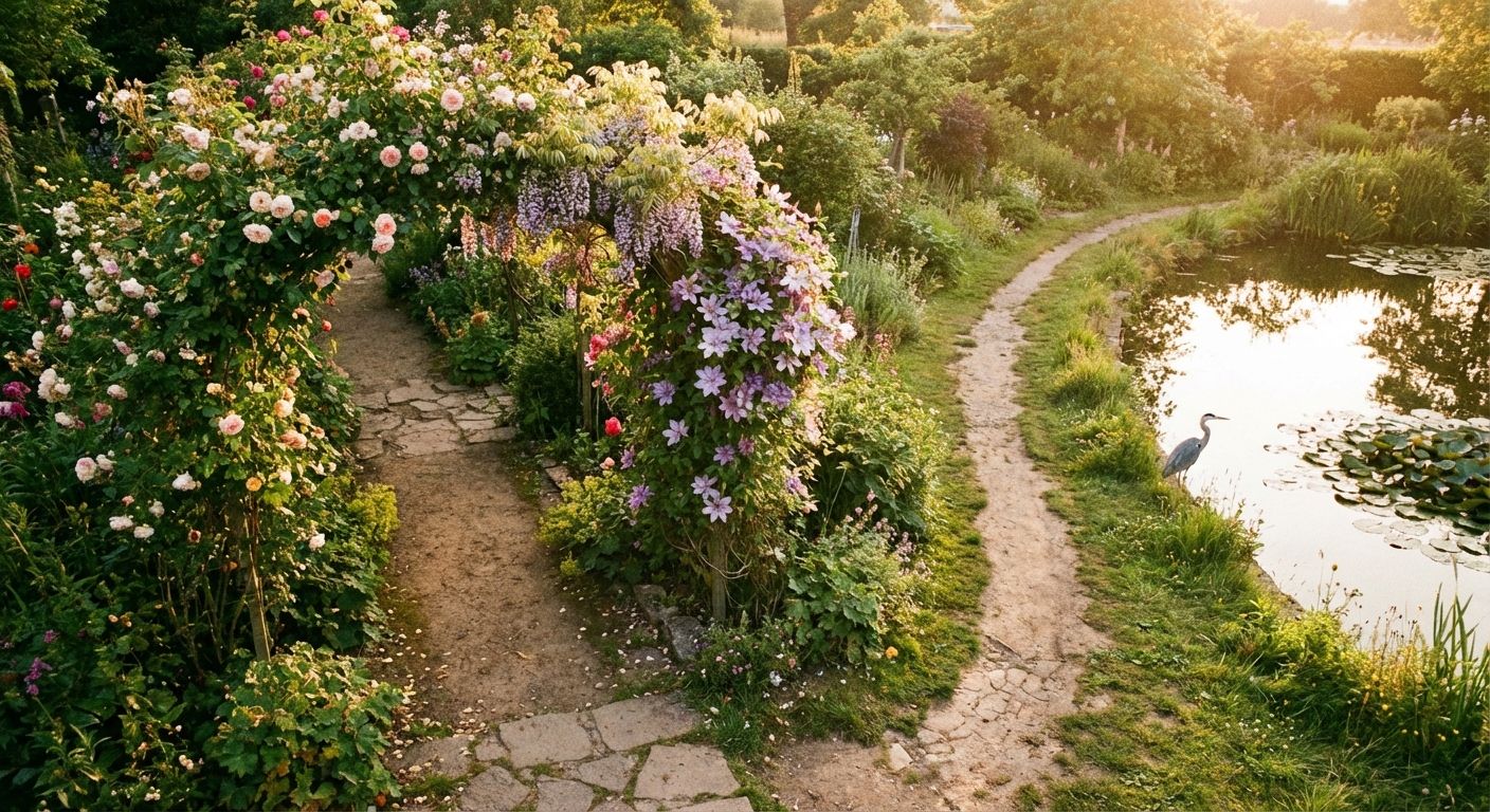 A high-angle photograph of two distinct, well-trodden garden paths diverging at a clear fork, with one path leading through a flowering archway and the other continuing alongside a tranquil pond, bathed in warm, soft sunlight.
