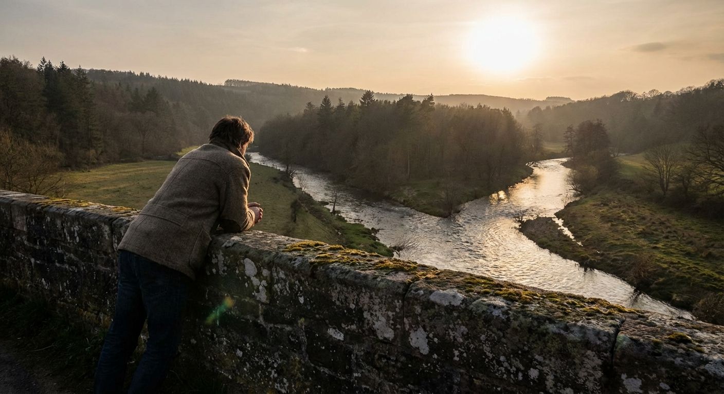 A person stands on an old stone bridge overlooking two diverging streams, their gaze distant and thoughtful, as if contemplating paths taken and untaken. The scene is bathed in the soft, golden light of late afternoon, creating a reflective and slightly melancholic mood.